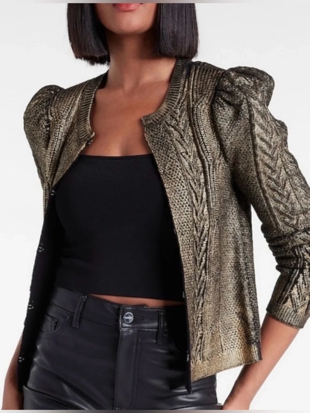Express Gold Foil Metallic Cable Knit Cardigan Sweater Size XS